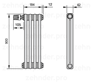 Схема (чертеж) Радиатор Zehnder Charleston 2090/4 №V011 Белый глянцевый RAL 9016
